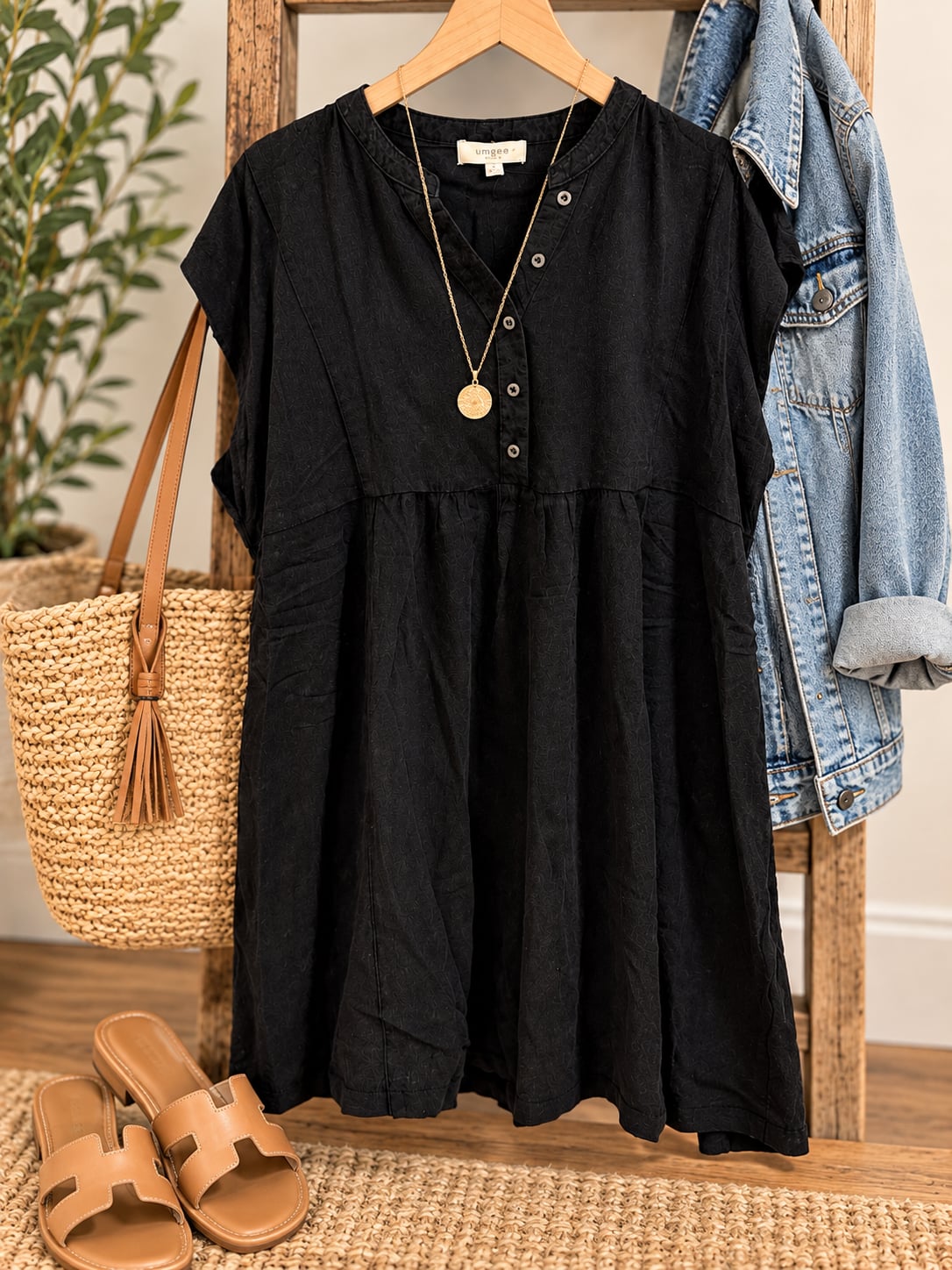 NWT Umgee Button Pleat Dress Sz XL Black Acid Wash Short Sleeve 4