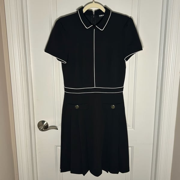Karl Lagerfeld Paris Pleated-Skirt Dress Size 4 Black White Piping
