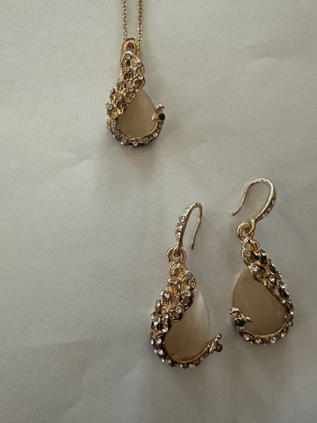 Peacock Rhinestone Pendant Necklace and Earring Set Gold Tone 2