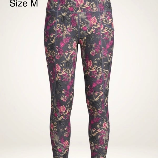 Freely Leggings Size M Gray Floral High Rise Pocket Workout Activewear
