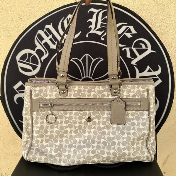 Coach Signature Coated Canvas Gallery Tote Bag Grey Beige