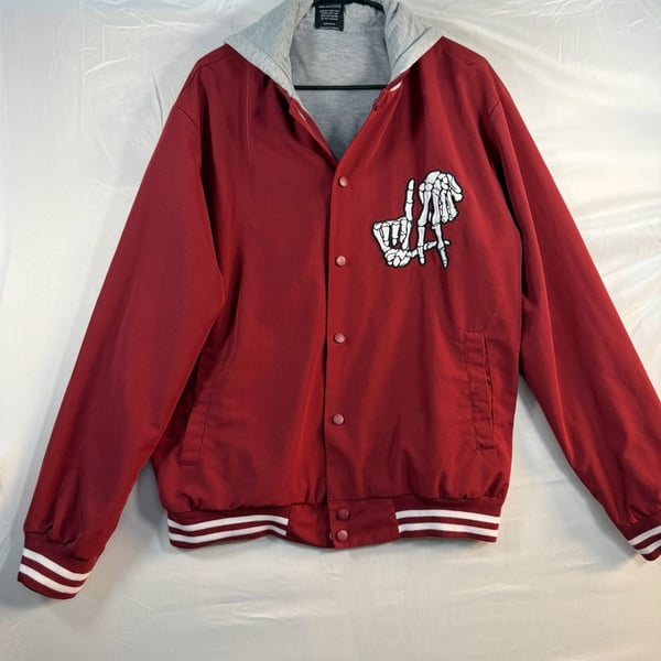 Original Deluxe Supply Hooded Varsity Jacket XL Red Skeleton Hand LA