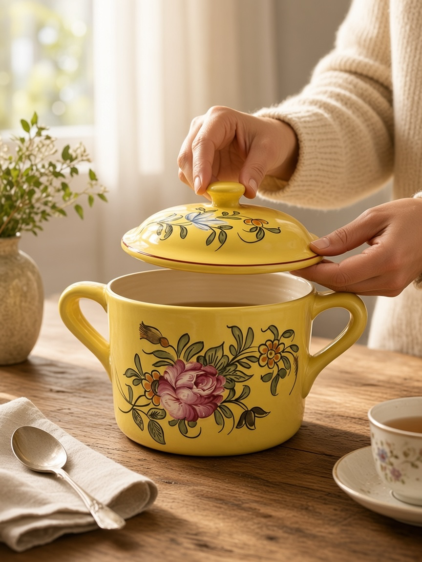 Tiffany & Co. Hand Painted Yellow Ceramic Floral Tureen with Lid and Handles 7