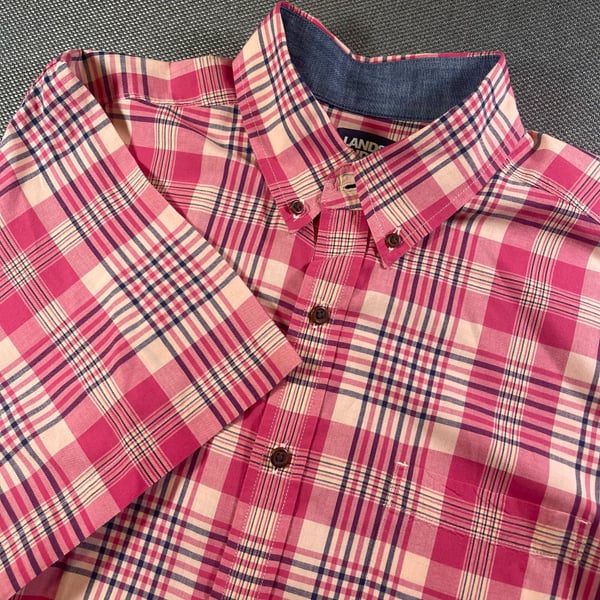 Lands' End Plaid Short Sleeve Button-Down Shirt Size L Traditional Fit