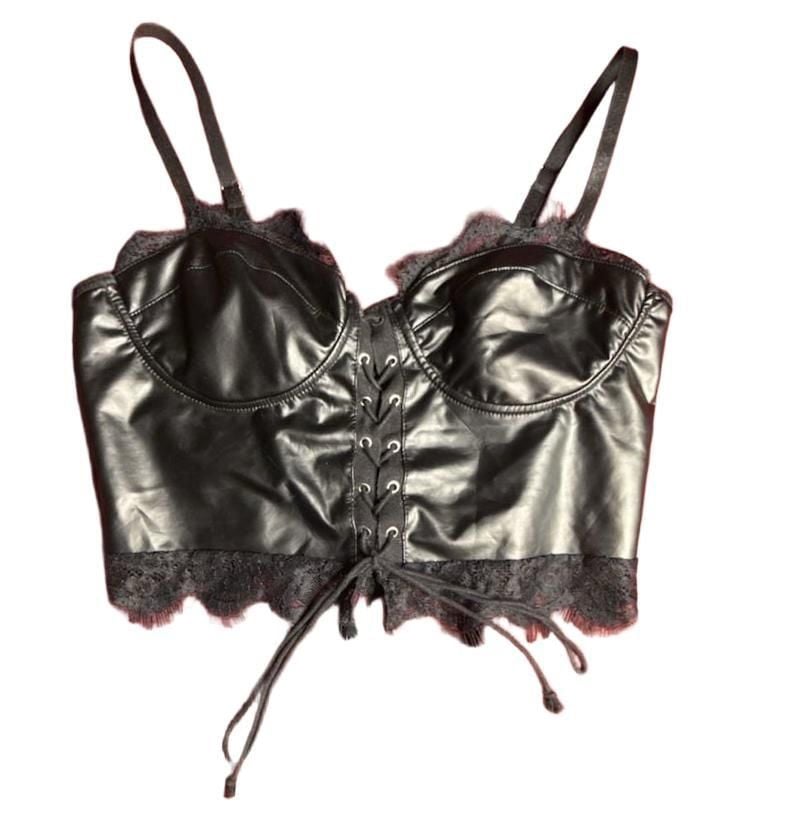 Unbranded Black Faux Leather Lace Trim Corset Top Size S 2