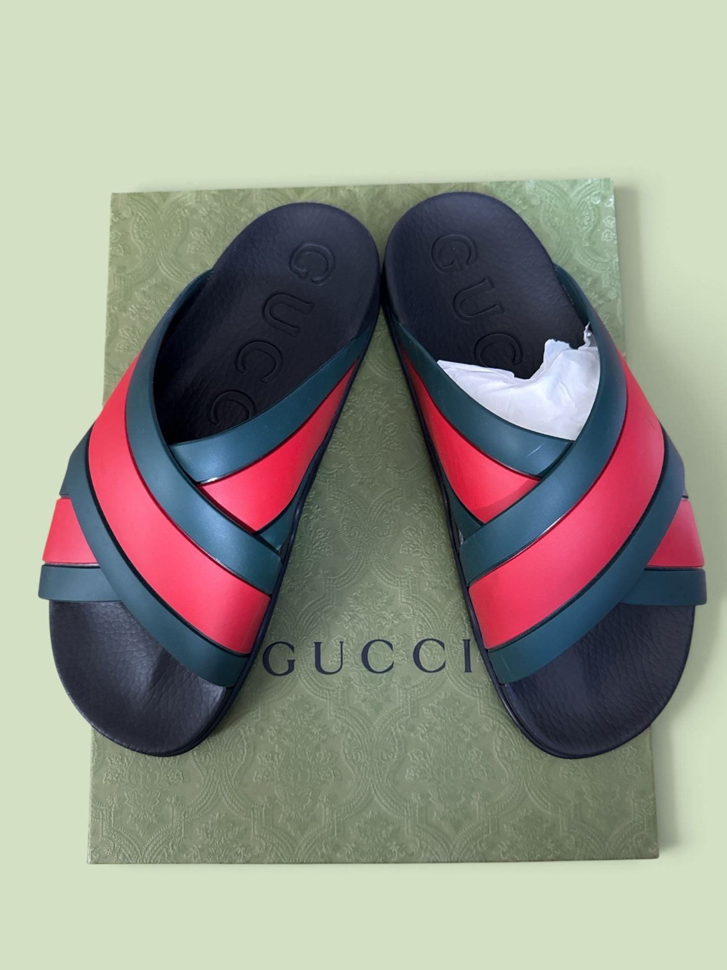 Gucci Web-detail Slides Black Red Green Rubber Sandals 2