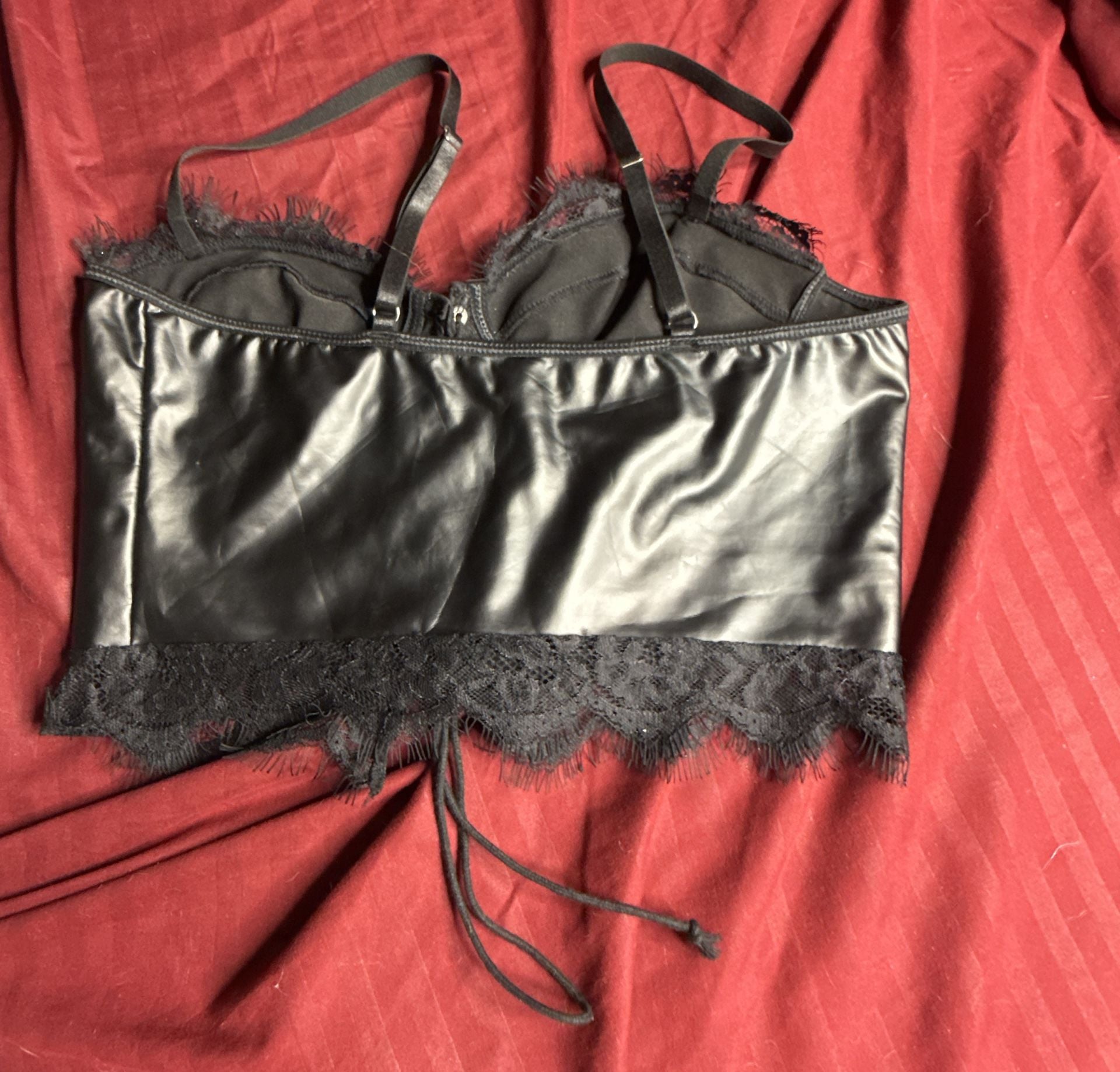 Unbranded Black Faux Leather Lace Trim Corset Top Size S 5