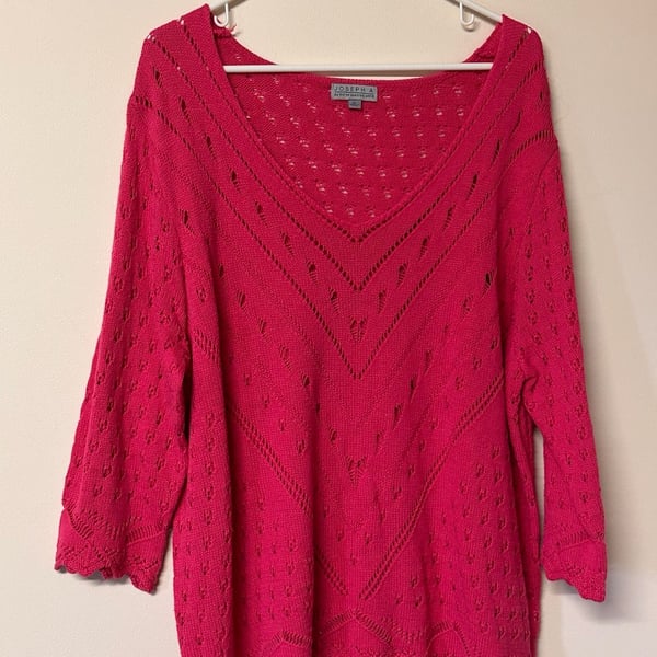 Joseph A Pointelle Scalloped Sweater Size XL Pink V-Neck