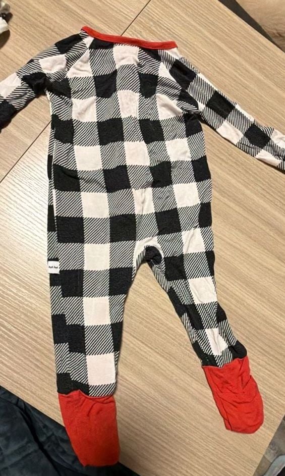 3-6 m Little Sleepies Pajama Set Black White Plaid Red Zipper Long Sleeve Footed 7