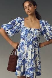 Farm Rio Blue White Floral Mini Dress Puff Sleeve Button Front XXS 9