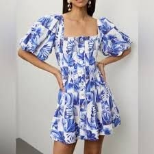 Farm Rio Blue White Floral Mini Dress Puff Sleeve Button Front XXS 8