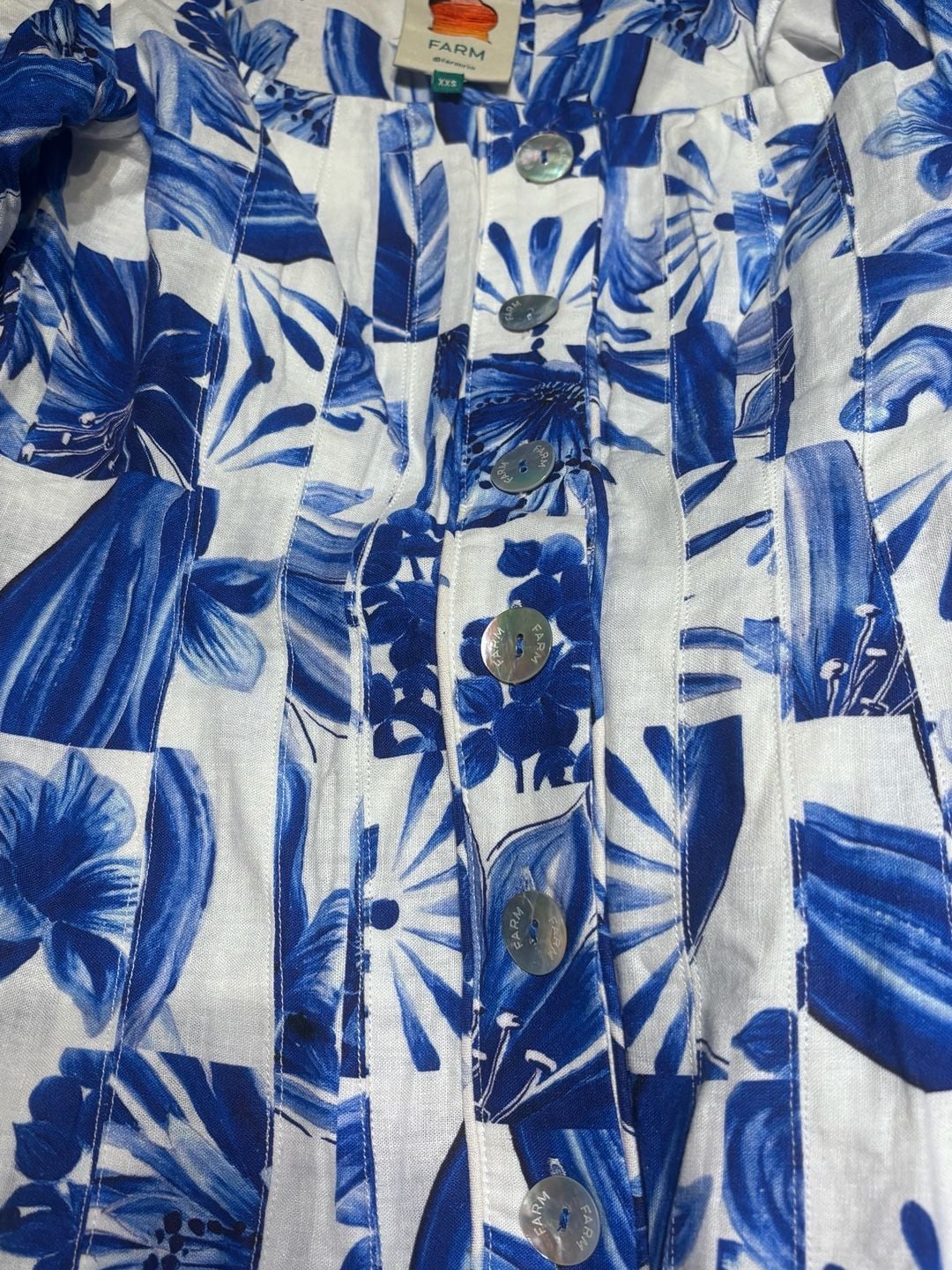 Farm Rio Blue White Floral Mini Dress Puff Sleeve Button Front XXS 10