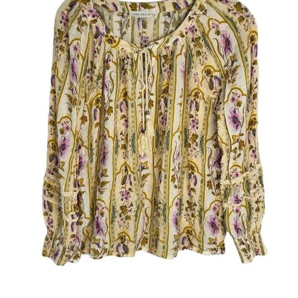 Jane + Delancey Floral Top Blouse Size M Tie Neck Long Sleeve Flowy Cottage