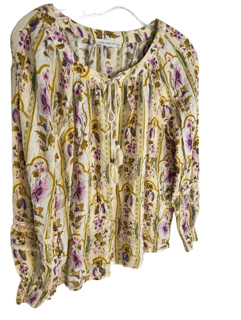 Jane + Delancey Floral Top Blouse Size M Tie Neck Long Sleeve Flowy Cottage 3