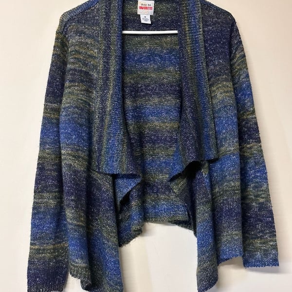 Ruby Rd. Favorites Cardigan Size M Blue Multi Open Front Knit Sweater