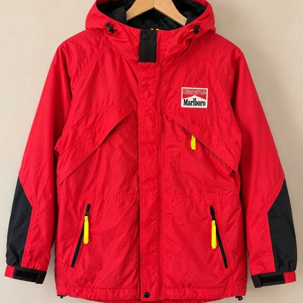 Vintage Marlboro Windbreaker Jacket Hooded Red Black 90s Nylon Racing L