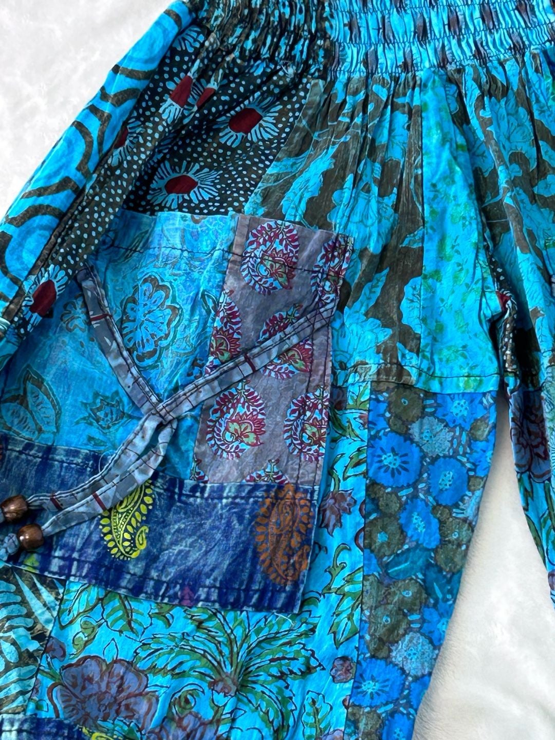 NWT Nicks Imports Patchwork Harem Pants Blue Boho Hippie Festival Style 6