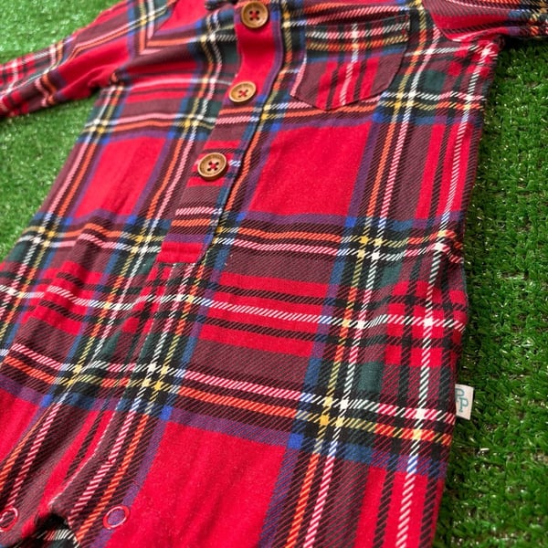 Posh Peanut Red Tartan Plaid Romper Size 3-6 Mos Buttons Collar Footie