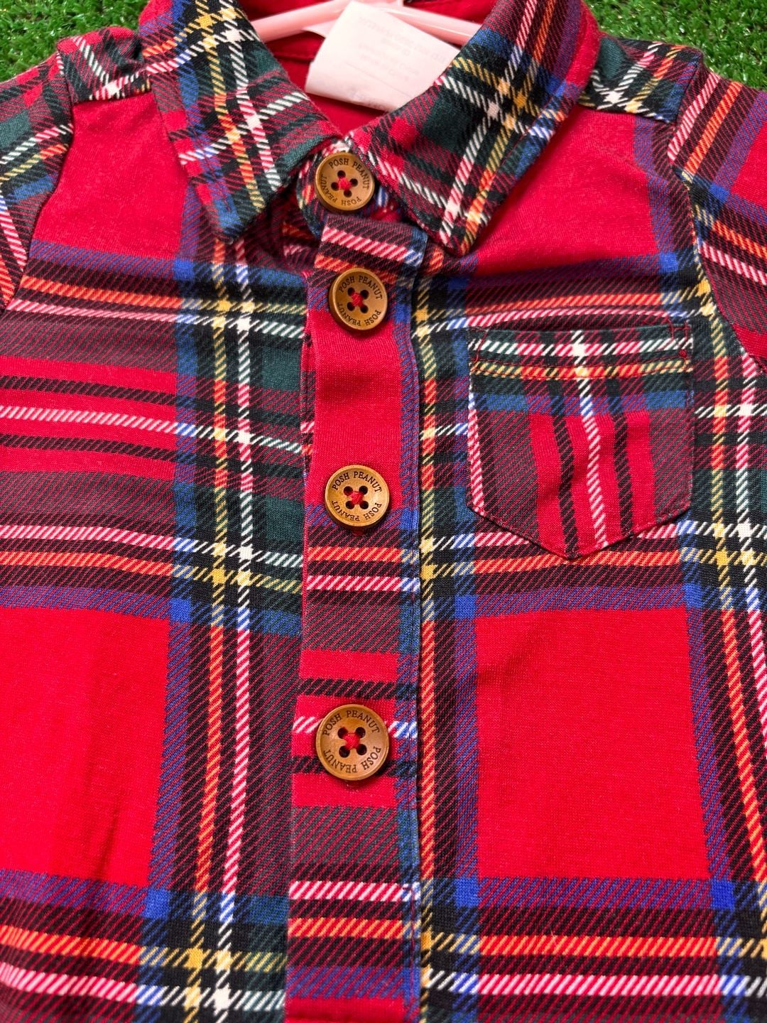 Posh Peanut Red Tartan Plaid Romper Size 3-6 Mos Buttons Collar Footie 7