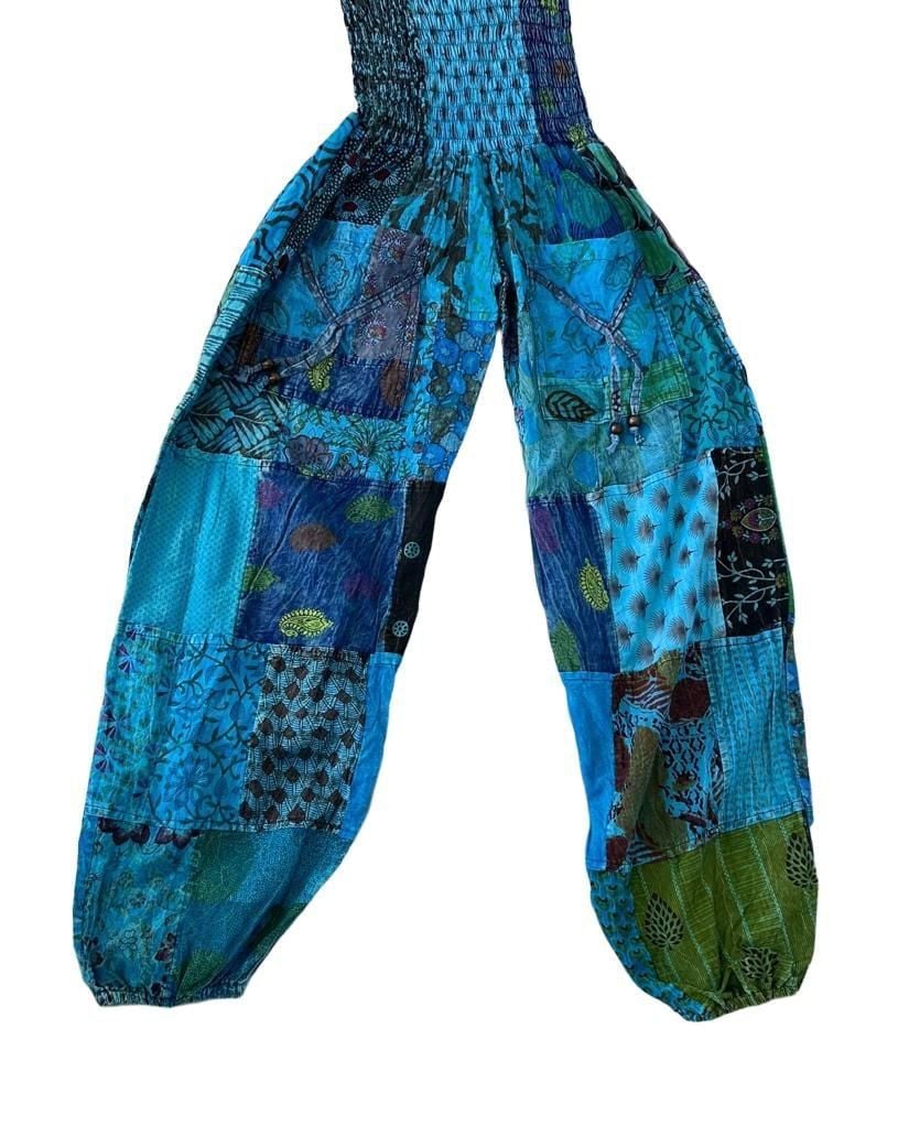 NWT Nicks Imports Patchwork Harem Pants Blue Boho Hippie Festival Style 2