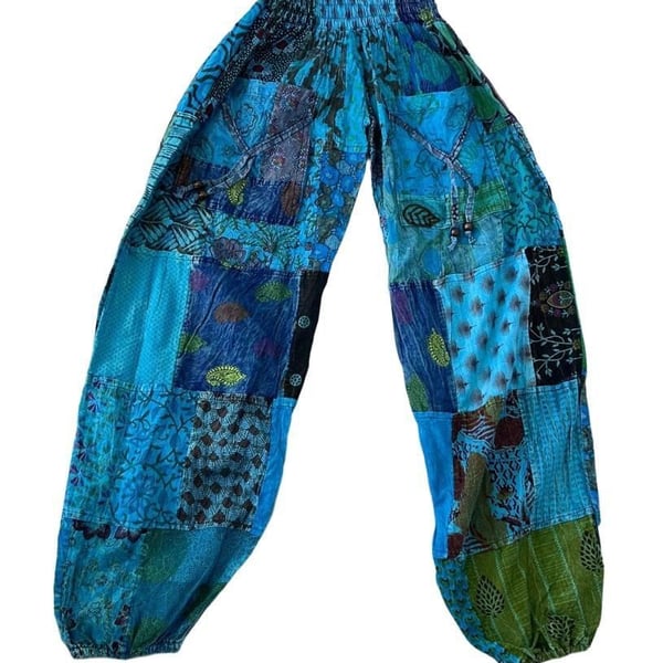 NWT Nicks Imports Patchwork Harem Pants Blue Boho Hippie Festival Style