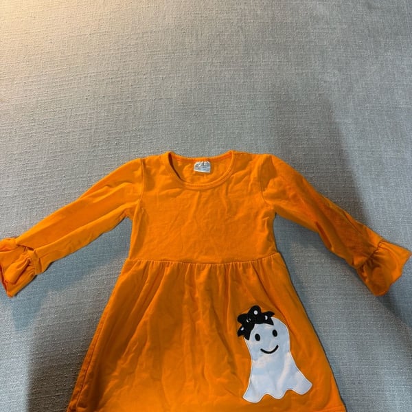 Unbranded Halloween Ghost Dress Size S Orange Long Sleeve Ruffle Ghost Applique
