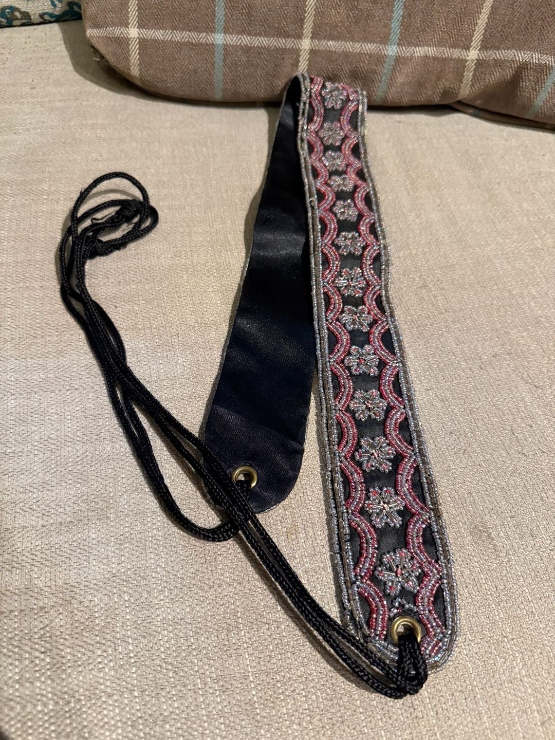 Vintage Beaded Strap with Black Satin Backing and Adjustable Cord 1
