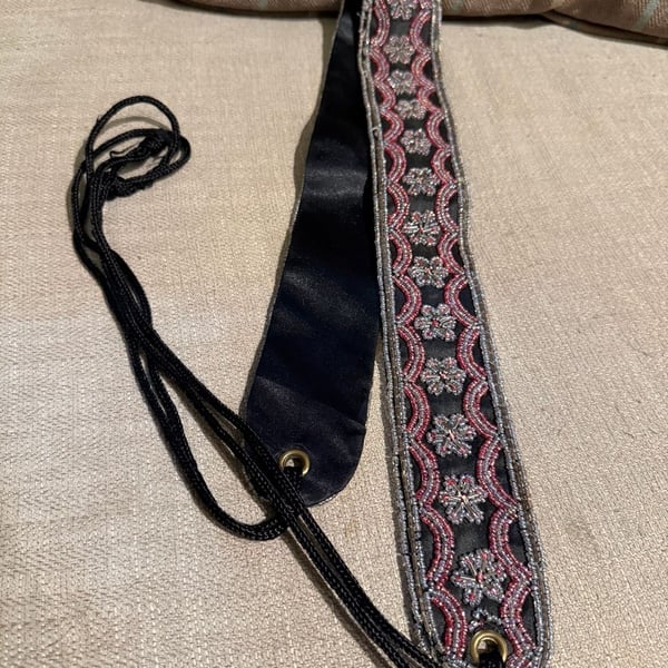 Vintage Beaded Strap with Black Satin Backing and Adjustable Cord