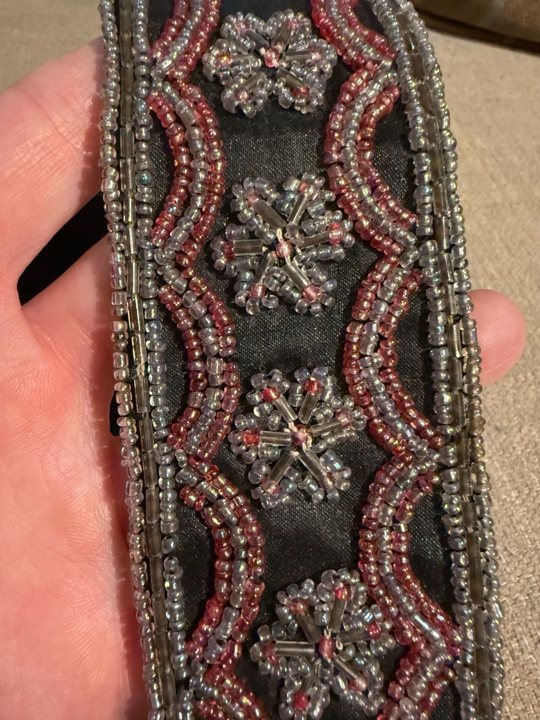 Vintage Beaded Strap with Black Satin Backing and Adjustable Cord 2