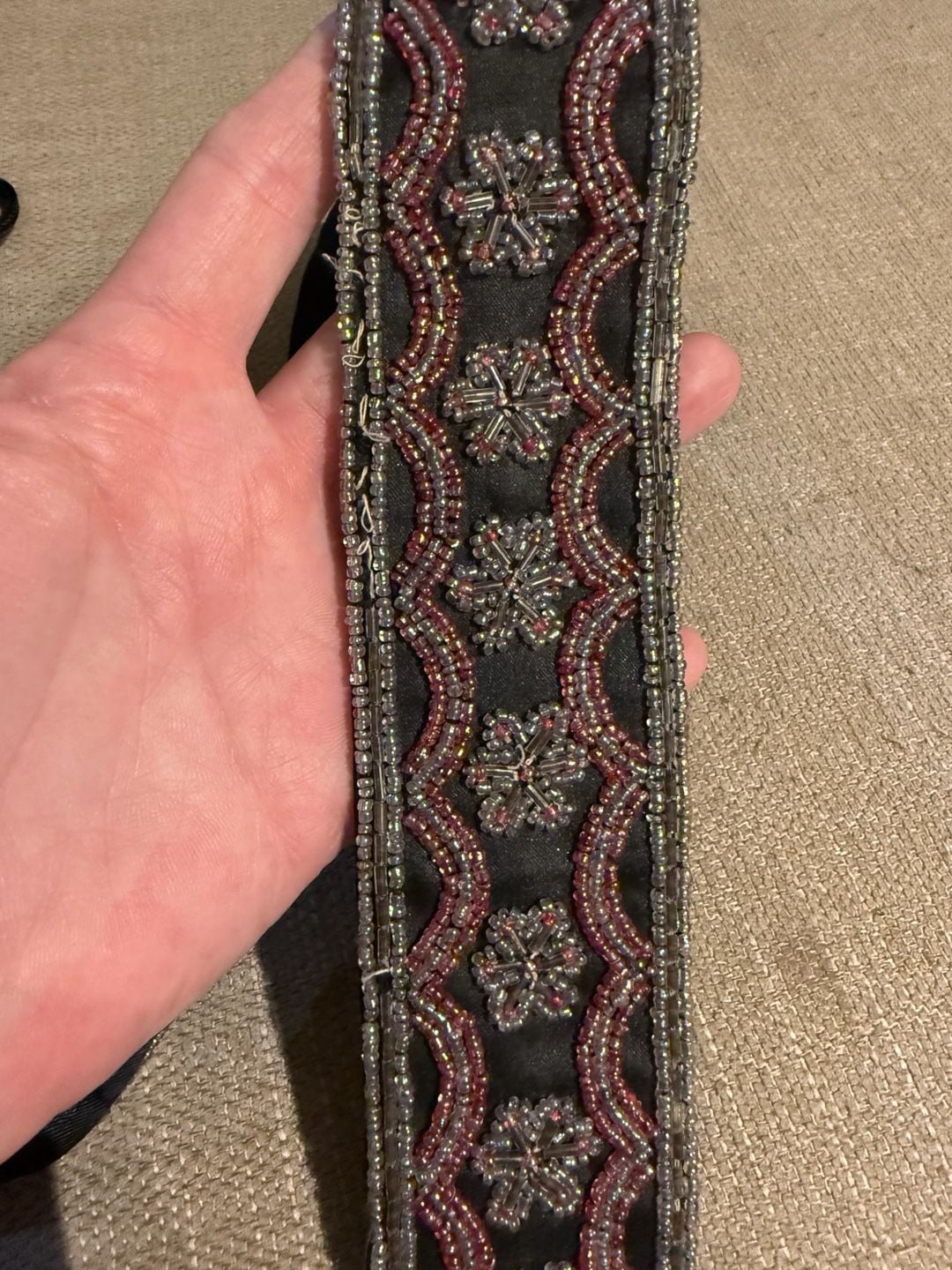 Vintage Beaded Strap with Black Satin Backing and Adjustable Cord 3