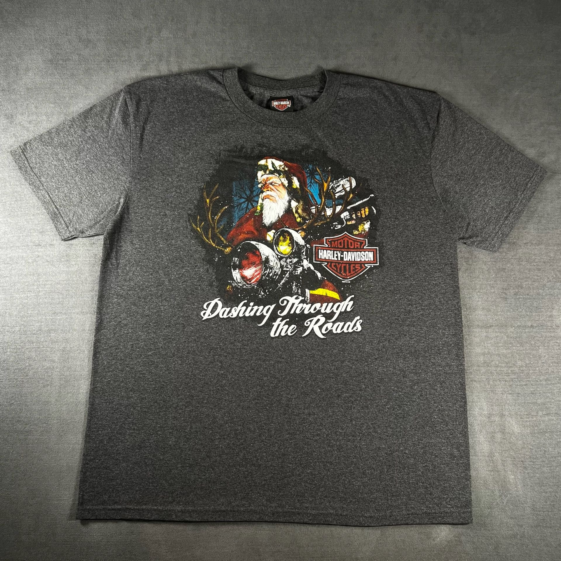 2012 Harley-Davidson Dashing x Through The Roads Santa T-Shirt Size XL Gray 2