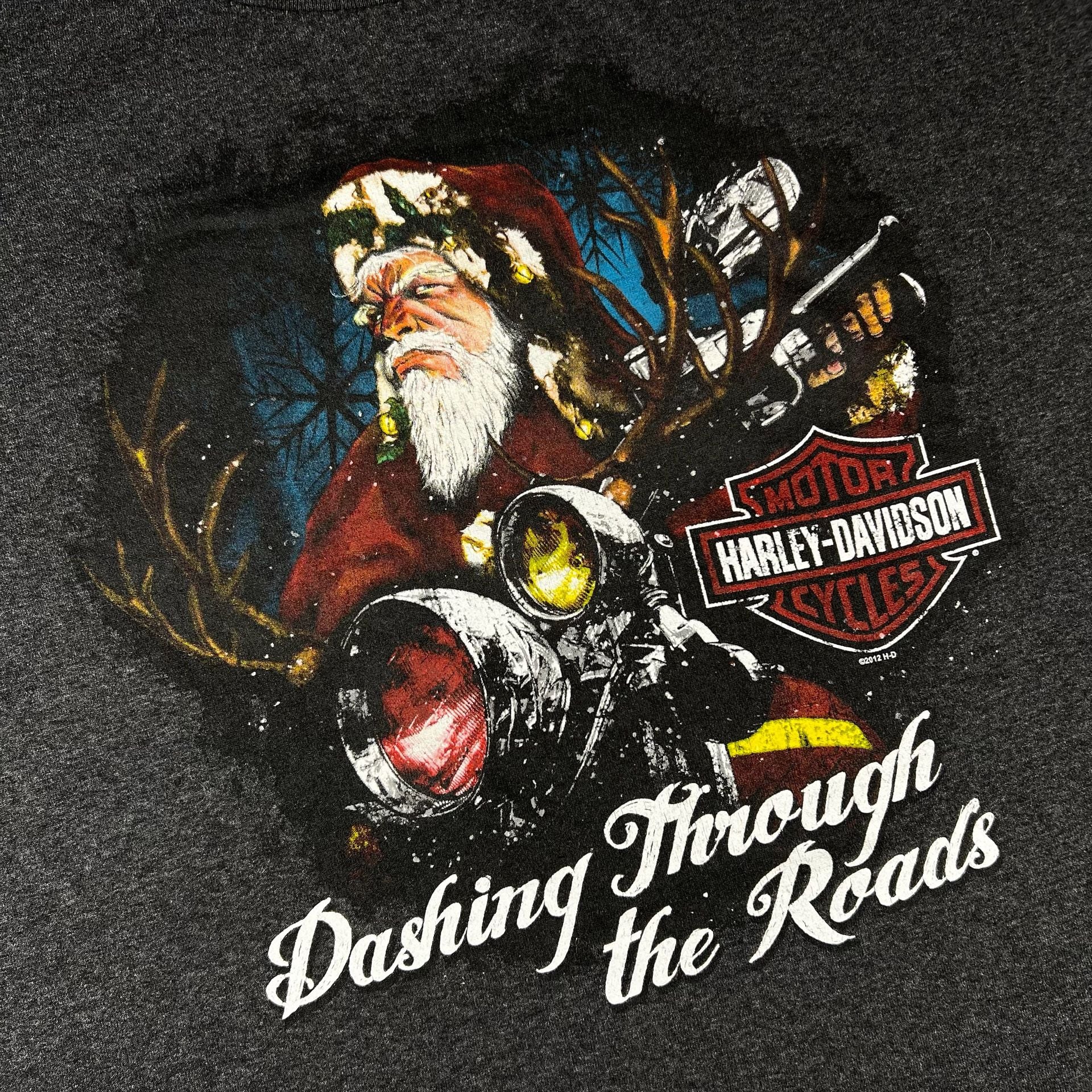 2012 Harley-Davidson Dashing x Through The Roads Santa T-Shirt Size XL Gray 3