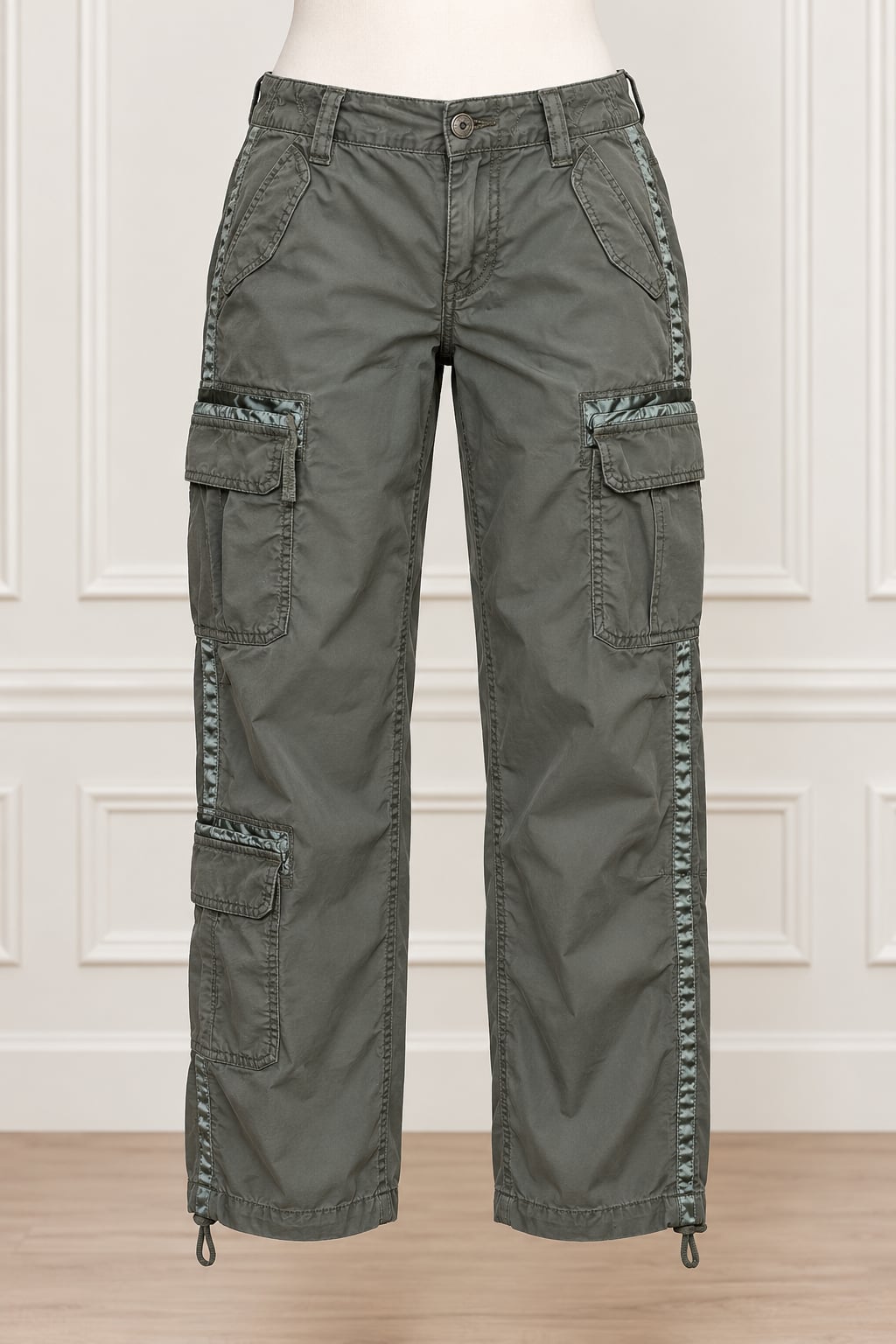 Y2K Abercrombie & Fitch Women’s 24 00S Cargo Pants Satin Trim Utility Green 2