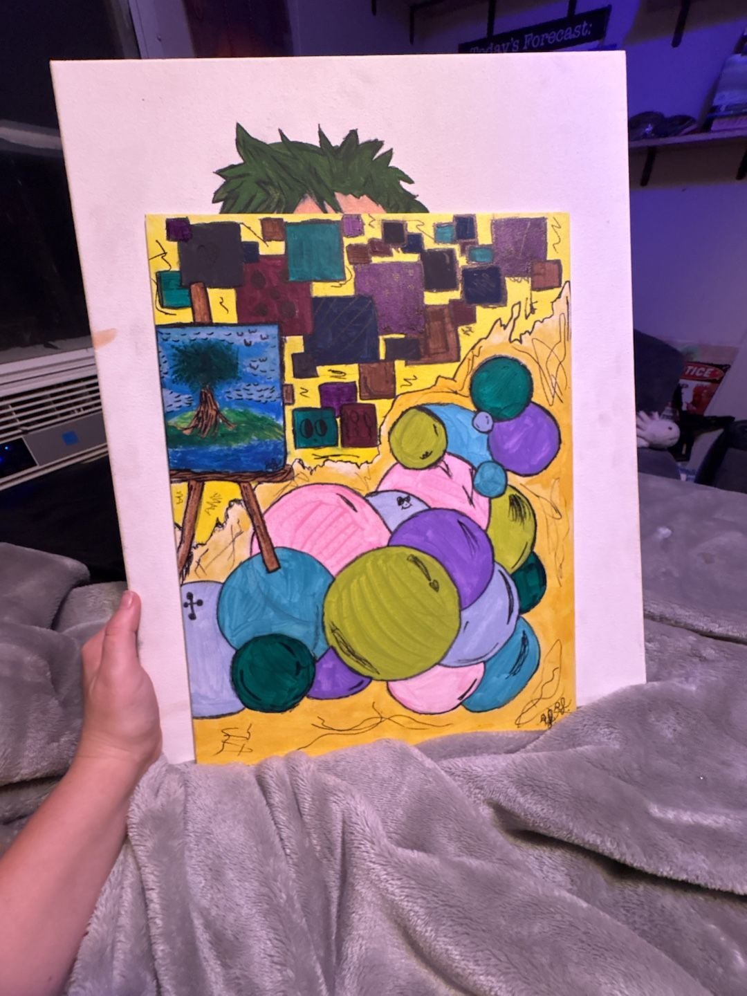 Handmade Abstract Art Painting on Canvas with Balloons and Easel 1