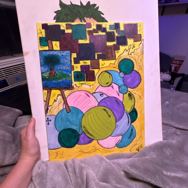 Handmade Abstract Art Painting on Canvas with Balloons and Easel