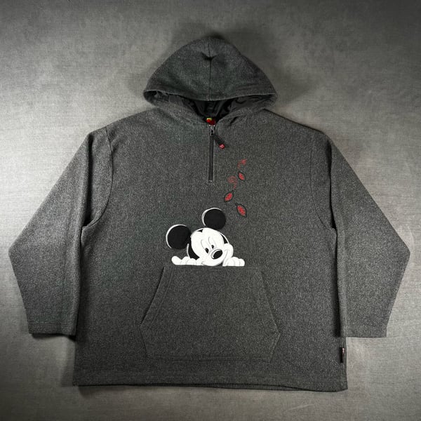2000s Disney Mickey Unlimited  1/4 Zip Fleece Pullover Hoodie Gray Embroidered