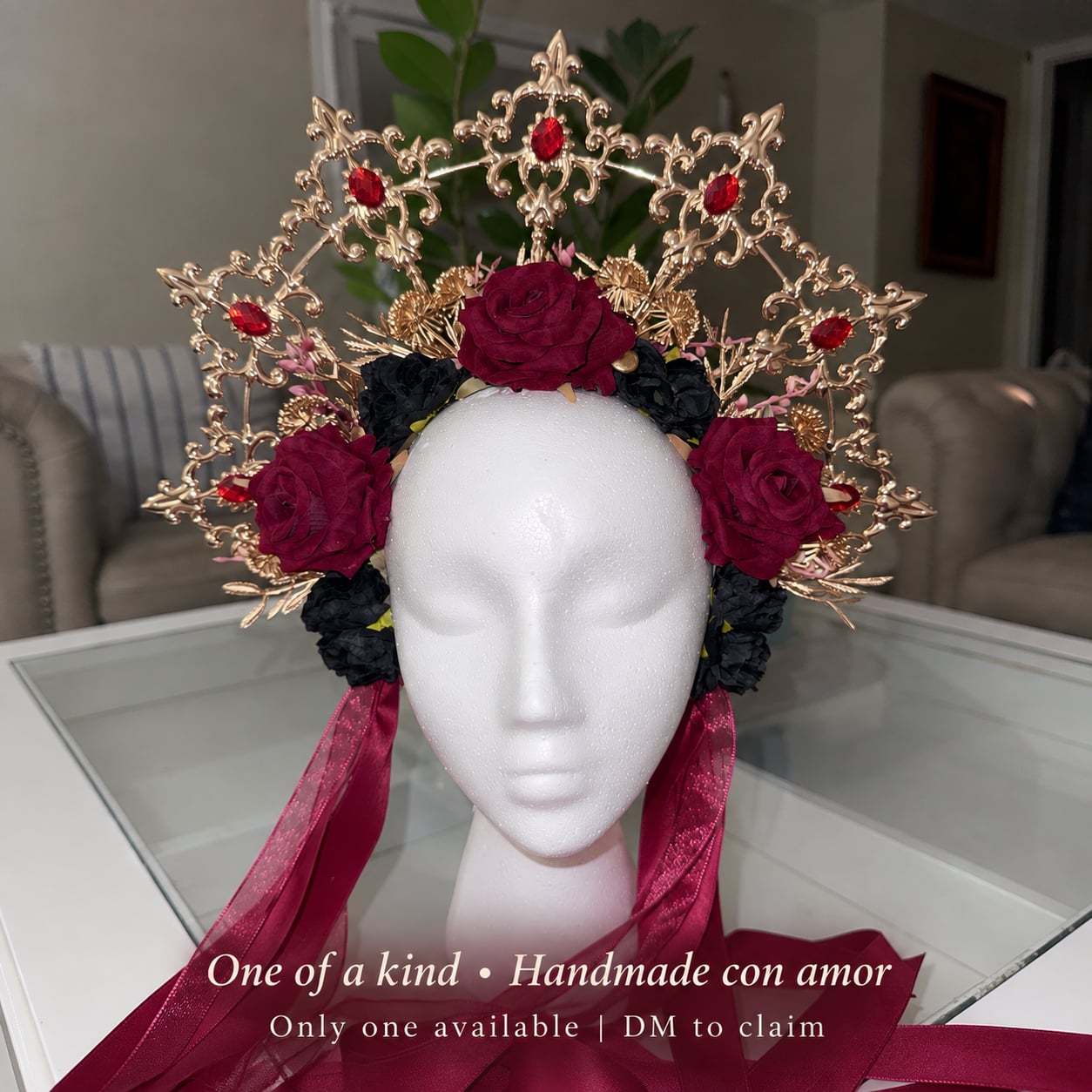 Handmade Gold Halo Crown Red Black Rose Floral Headdress Headpiece 2