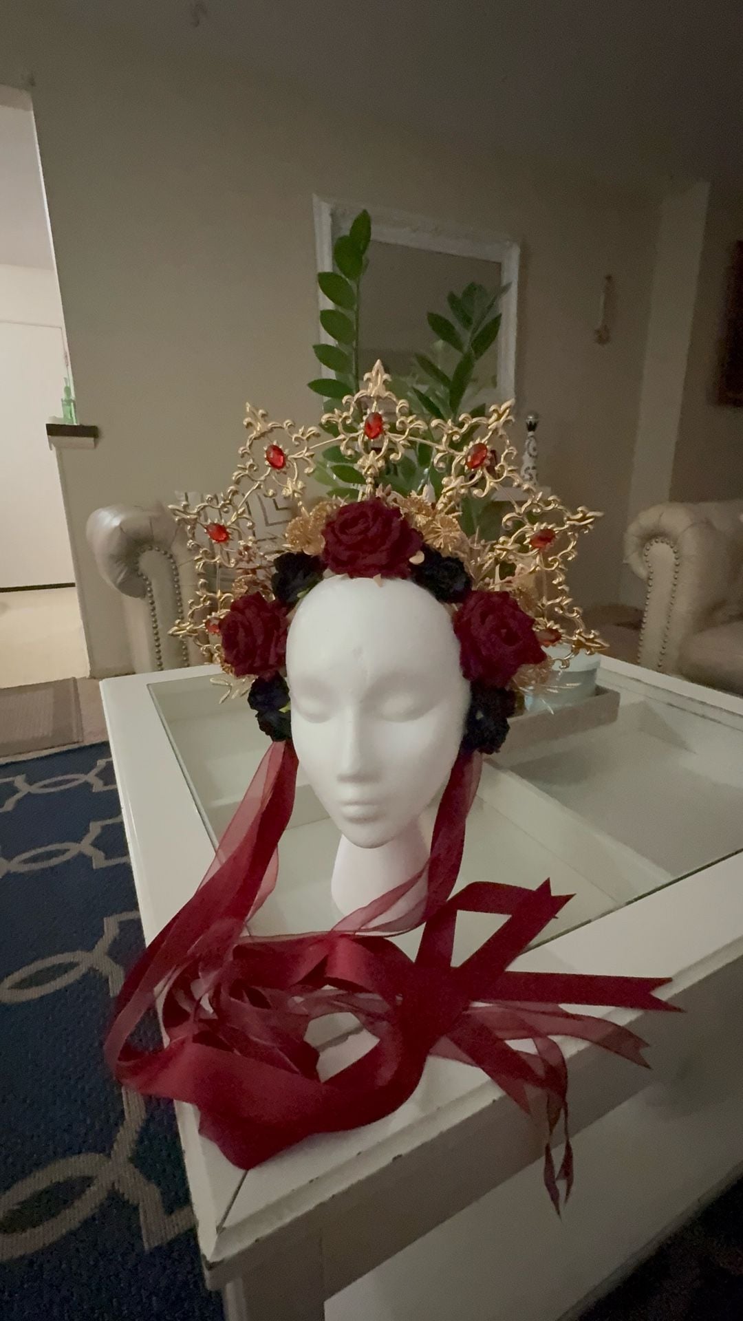 Handmade Gold Halo Crown Red Black Rose Floral Headdress Headpiece 3