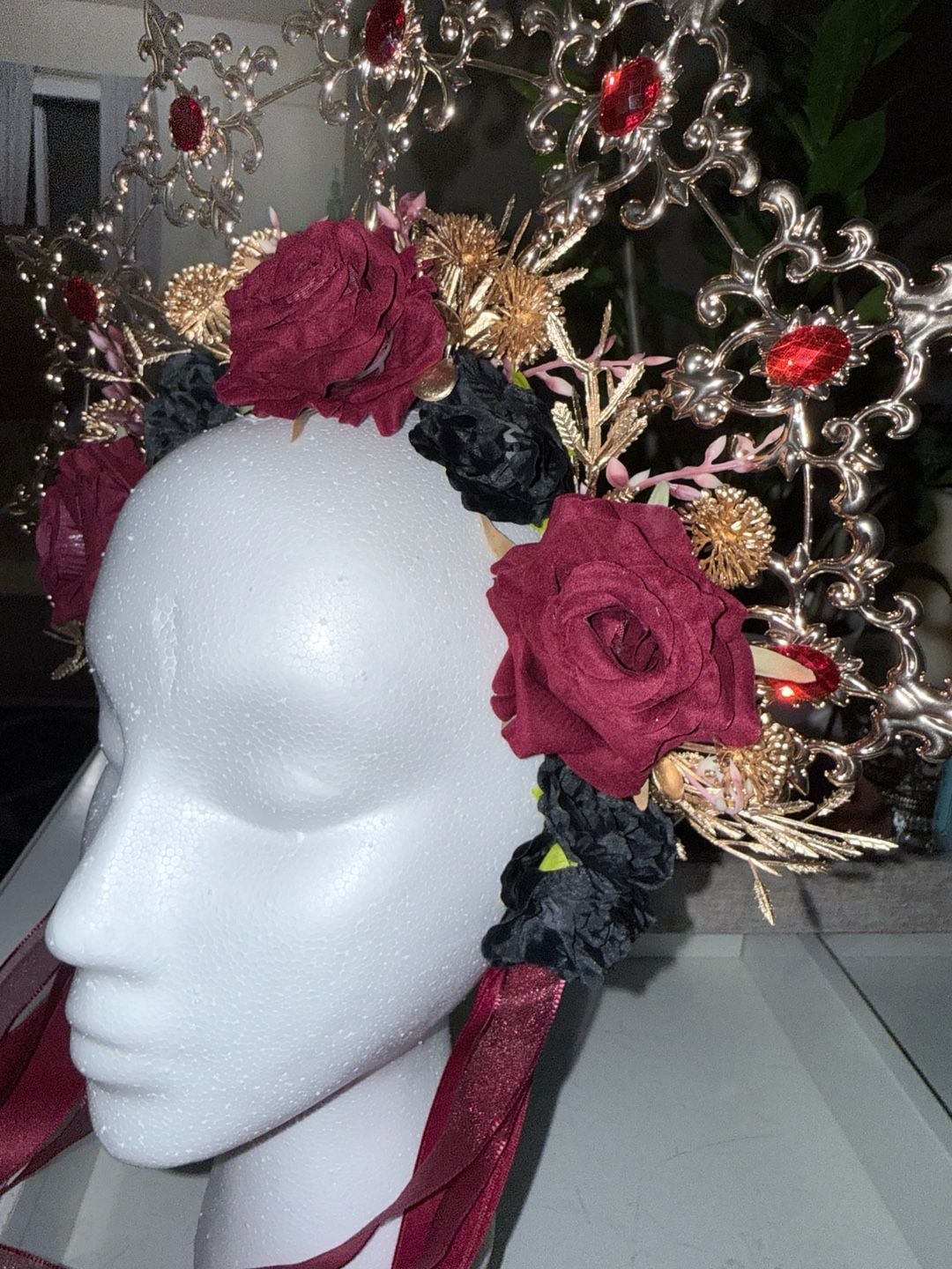 Handmade Gold Halo Crown Red Black Rose Floral Headdress Headpiece 4