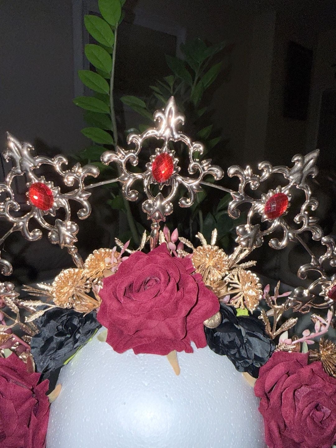 Handmade Gold Halo Crown Red Black Rose Floral Headdress Headpiece 5