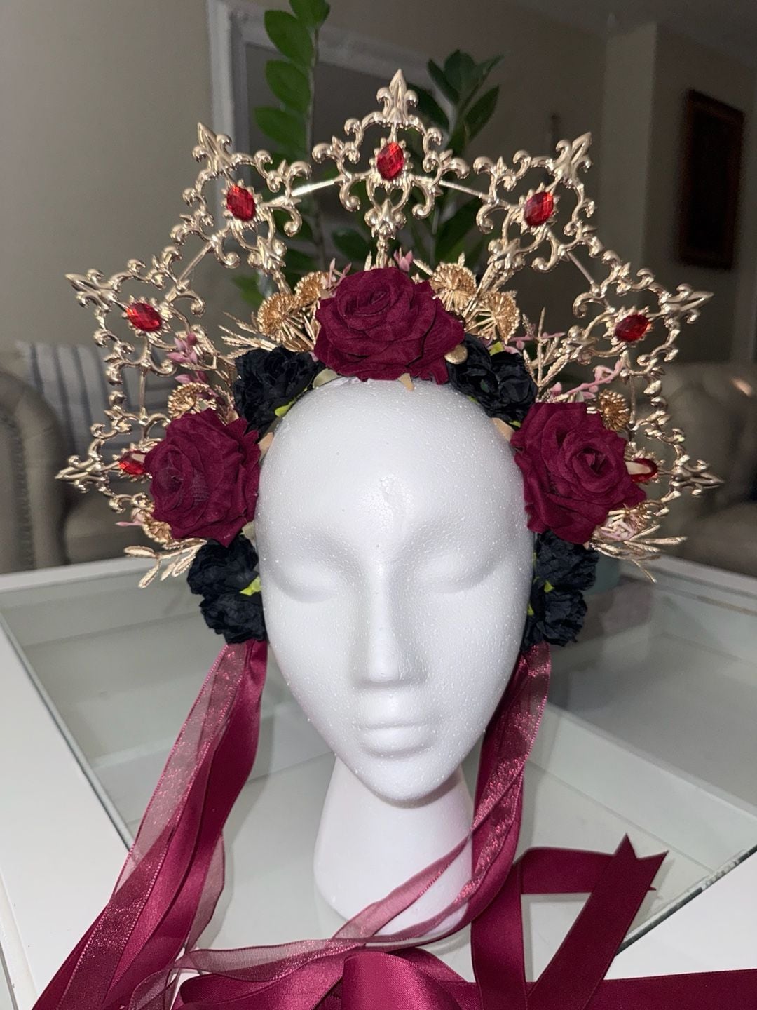 Handmade Gold Halo Crown Red Black Rose Floral Headdress Headpiece 6