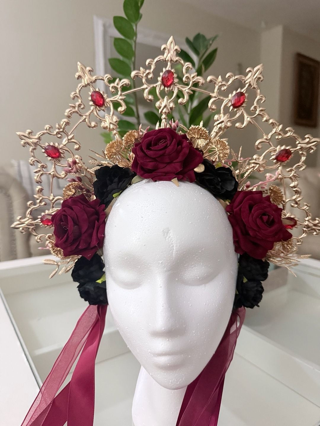 Handmade Gold Halo Crown Red Black Rose Floral Headdress Headpiece 7