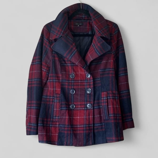 Larry Levine Red and Navy Plaid Fall Peacoat Jacket Size S