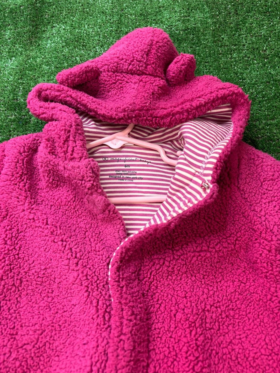 Magnificent Baby Fleece Pram Size 6m Pink Bear Ears Footed Romper Snowsuit 8