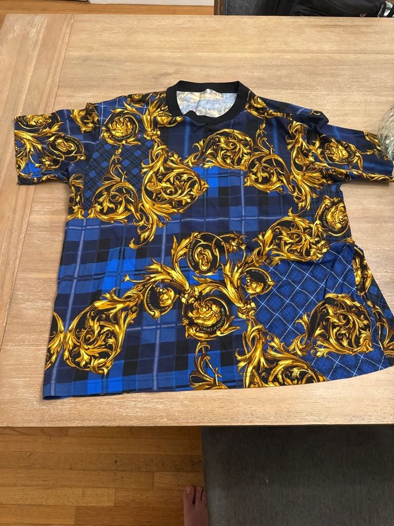 Versace Jeans Baroque Plaid T-Shirt Blue Gold Short Sleeve 2