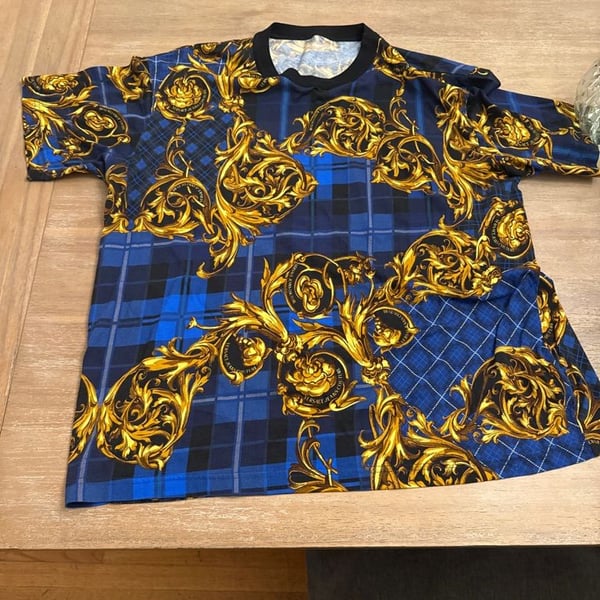 Versace Jeans Baroque Plaid T-Shirt Blue Gold Short Sleeve