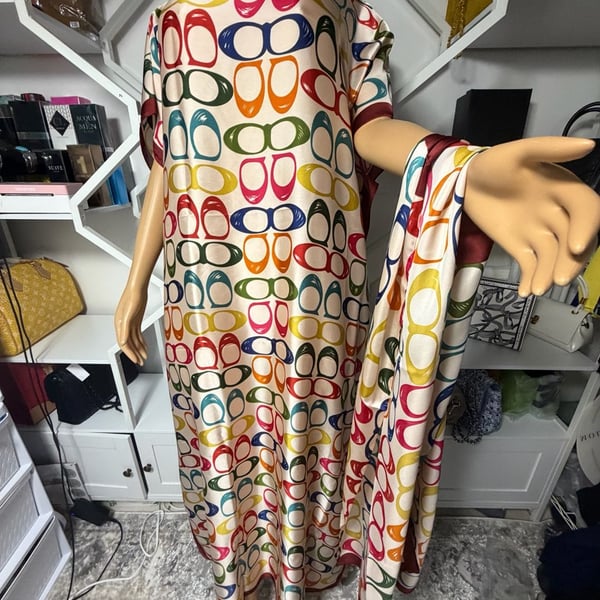 Long Dress, Evening Dress, satin geometric print matching  with a scarf