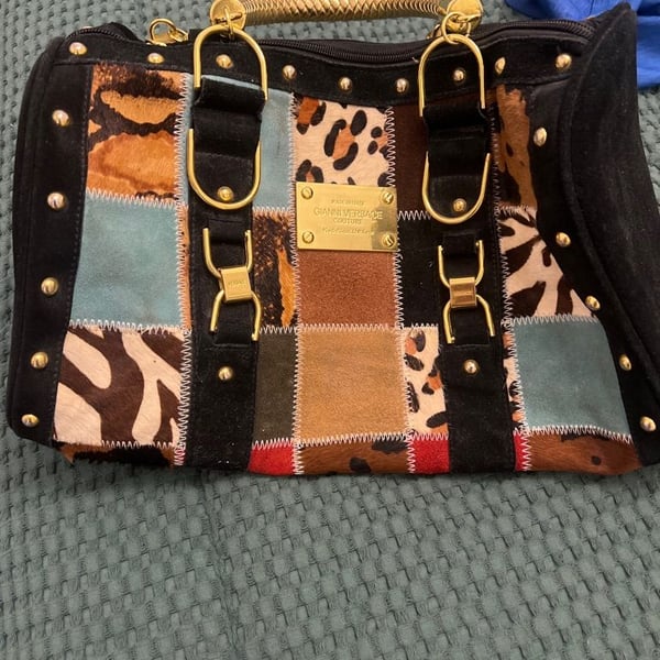 Gianni Versace Patchwork Suede Handbag with Gold Hardware