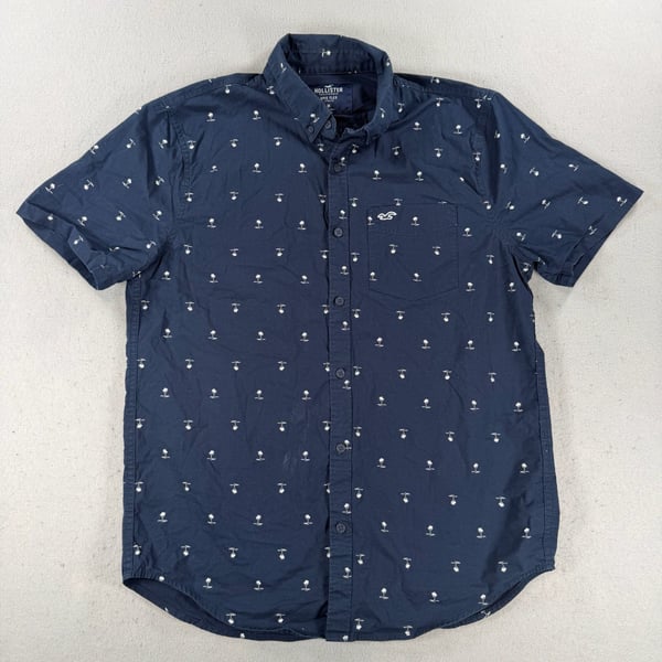 Hollister Epic Flex Stretch Button Up Shirt Size M Navy Blue Palm Tree Print
