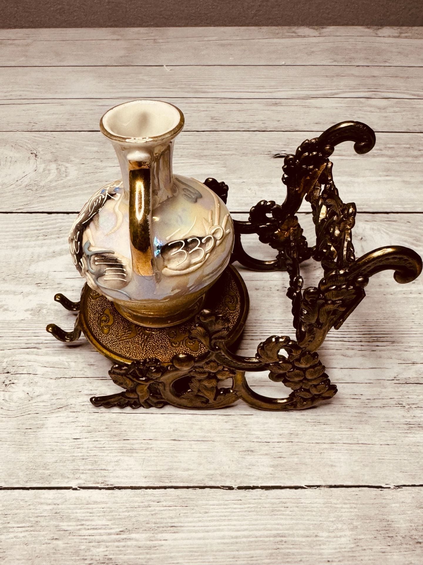 Vintage Dragon Ewer and Stand Set with Iridescent Glaze and Brass Base 1